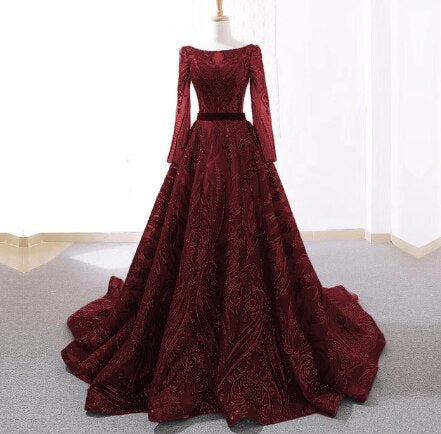 Muslim Wine Red A-Line Luxury Wedding dress 2025 Vintage Long Sleeve Sequined  Evening Gowns  Plus Size  LA60799