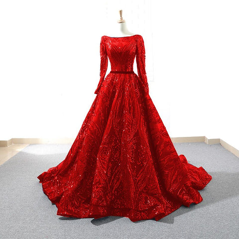 Muslim Wine Red A-Line Luxury Wedding dress 2025 Vintage Long Sleeve Sequined  Evening Gowns  Plus Size  LA60799