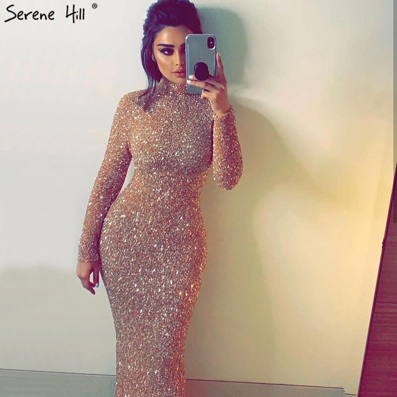 Muslimischen Rose Gold High Neck Luxus Abendkleider 2025 Neueste Design 3D Pailletten Langen Ärmeln Abendkleider LA60851