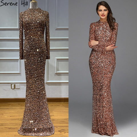 Muslimischen Rose Gold High Neck Luxus Abendkleider 2025 Neueste Design 3D Pailletten Langen Ärmeln Abendkleider LA60851