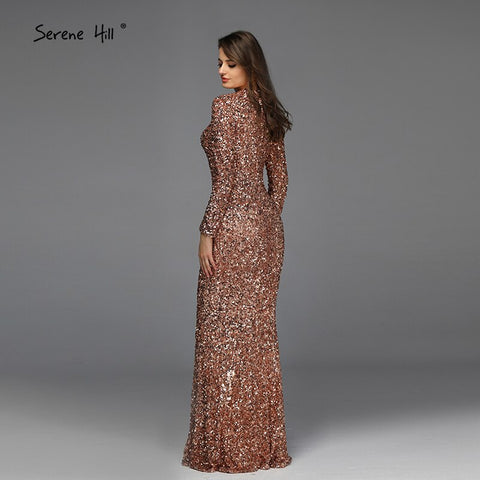 Muslimischen Rose Gold High Neck Luxus Abendkleider 2025 Neueste Design 3D Pailletten Langen Ärmeln Abendkleider LA60851