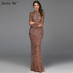 Muslimischen Rose Gold High Neck Luxus Abendkleider 2025 Neueste Design 3D Pailletten Langen Ärmeln Abendkleider LA60851