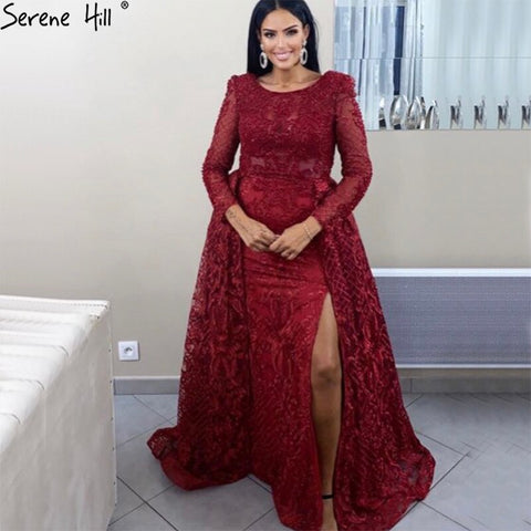 Muslimischen Wein Rot Lange Puff Ärmeln Mit Zug Abendkleider Meerjungfrau Kleider 2025 Formale Kleid Für frau Ruhigen Hill LA70406