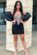 Black Strapless Appliques Beaded Homecoming Dress with Detachable Sleeves Y2823