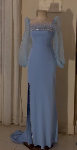 Vintage Square Neckline Long Sleeves Evening Dress Fashion Evening Gown Y5014