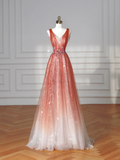 Robe de bal élégante en tulle à sequins et col en V, rose fraise, coupe trapèze, longue, Y8614