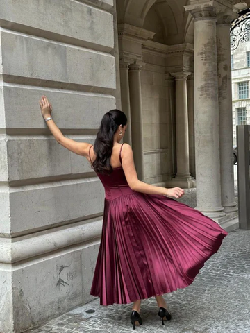 Vestido de fiesta largo de satén burdeos con tirantes, corte en A, estilo vintage, modelo Y7994