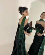 Vestido de noche negro de satén sin tirantes, elegante, para fiestas formales Y8174