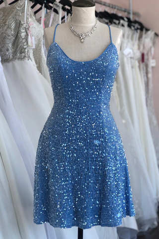 Vestido corto azul de fiesta con lentejuelas y cordones Y3007