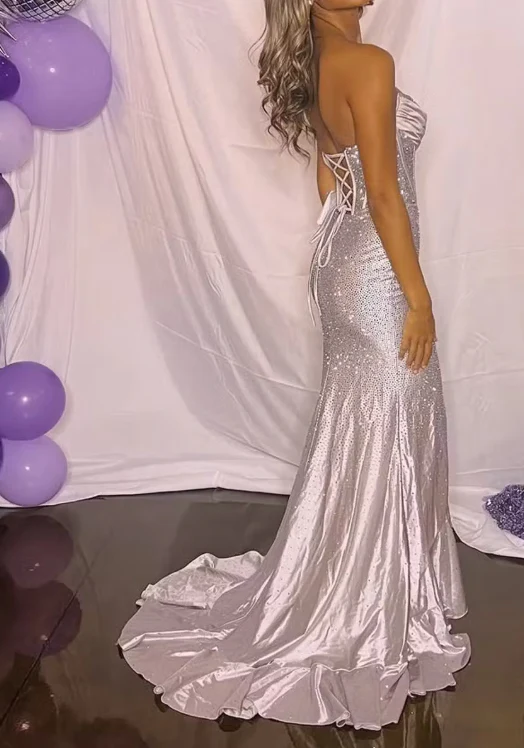 Vestido de fiesta brillante sin tirantes de satén con cuentas, vestido de noche de sirena lila Y8005