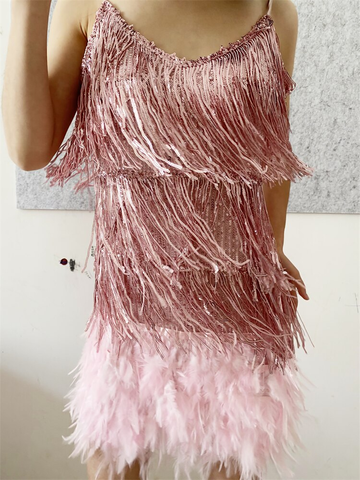 Women Sexy Feather Sparkly Tassel Dress Pink Sequin Fringe Dance Flapper Dress Summer Formal Dress,Pink Homecoming Dress Y2470