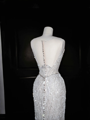 Glitter White Tulle Beaded Mermaid Prom Dress Long Evening Dress Wedding Dress Y8666