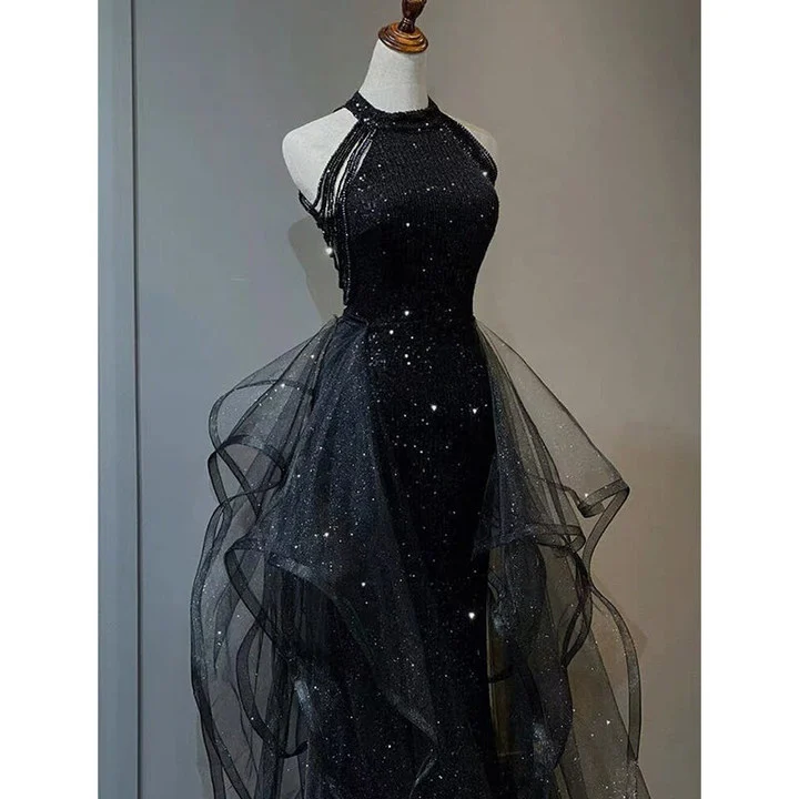 Robe de soirée noire à col montant, dos nu, en tulle brillant et sequins, robe de bal en tulle noir Y1864