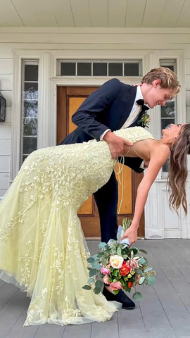 Robe de bal sirène en tulle et dentelle jaune, robe de soirée jaune Y2248