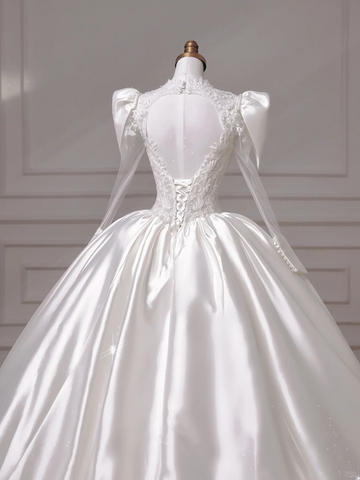 Gorgeous White Satin Lace Appliques A Line Wedding Dress,Formal Prom Dress Y8607