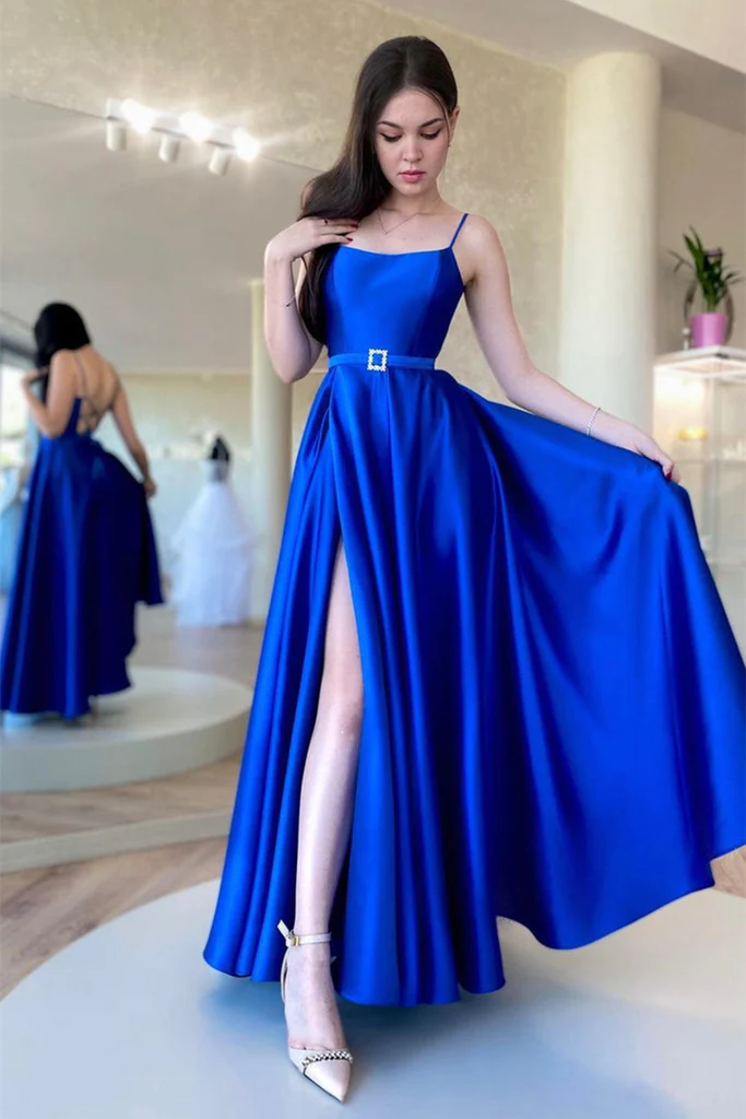 Vestido largo de fiesta azul real satinado sin espalda con abertura alta, vestido de noche formal de graduación azul sin espalda Y203