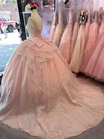 Vestido de baile de tul con apliques rosa encantador, vestido rosa para quinceañera Y5881