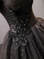Black Square Neckline Tulle Long Prom Dress Shiny Black Evening Dresses Y4386