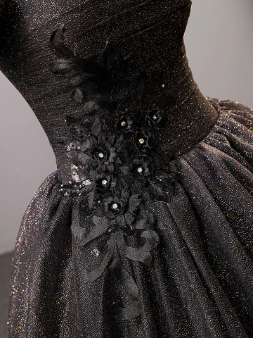 Black Square Neckline Tulle Long Prom Dress Shiny Black Evening Dresses Y4386