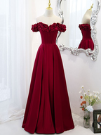 Vestido largo de fiesta de satén con hombros descubiertos y corte en A, modelo Y6340