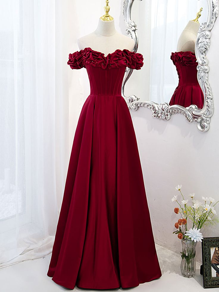 Vestido largo de fiesta de satén con hombros descubiertos y corte en A, modelo Y6340