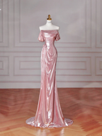 Magnifique robe de bal longue sirène en satin rose à épaules dénudées Y8630