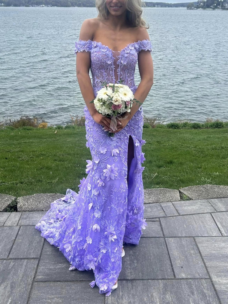 Robe de bal longue sirène en dentelle lilas à épaules dénudées et imprimé floral, robe de soirée fendue jusqu'à la cuisse Y7848
