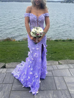 Robe de bal longue sirène en dentelle lilas à épaules dénudées et imprimé floral, robe de soirée fendue jusqu'à la cuisse Y7848
