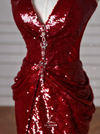 Sexy Burgundy Sequins Halter V Neck Evening Dress Backless Mermaid Evening Dress Y8628