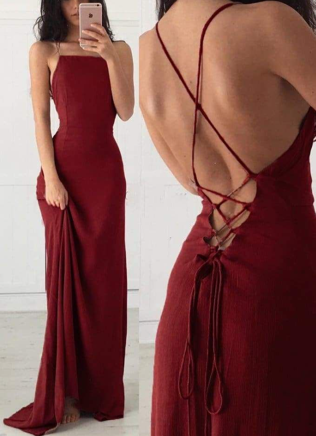 Vestido largo de fiesta burdeos con tirantes finos, sexy y sin espalda Y7832