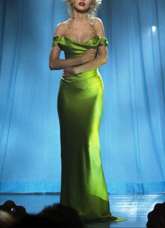 Robe de soirée longue sirène en satin vert à épaules dénudées Y8110