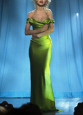 Robe de soirée longue sirène en satin vert à épaules dénudées Y8110