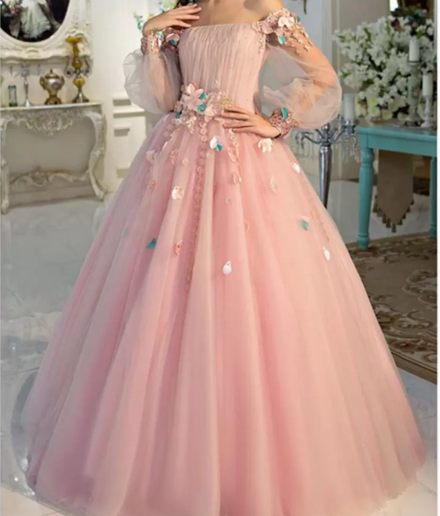 Vestidos de fiesta de manga larga, vestido de baile largo de hada floral rosa perla S24387