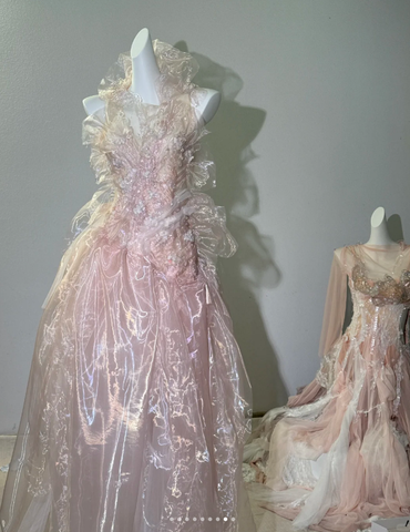 Vestido de fiesta largo de noche sin espalda, de tul rosa hada con cuentas Y8564