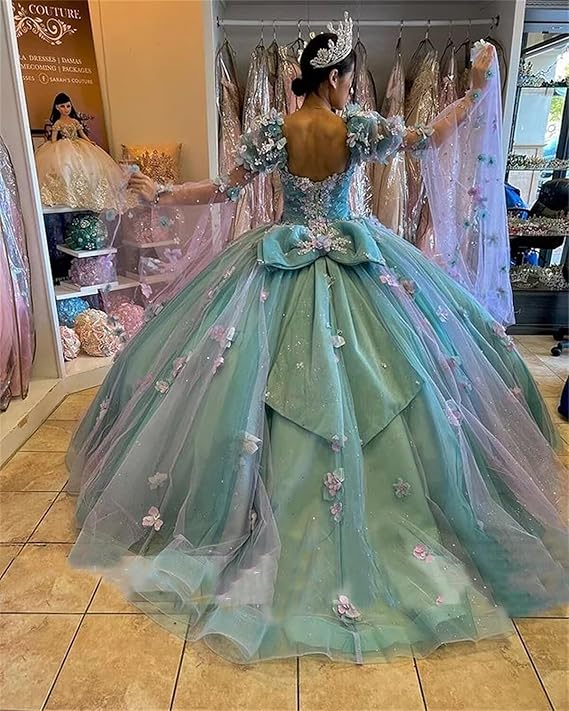 Vestido de quinceañera con flores 3D lilas, mangas largas abullonadas Y6580