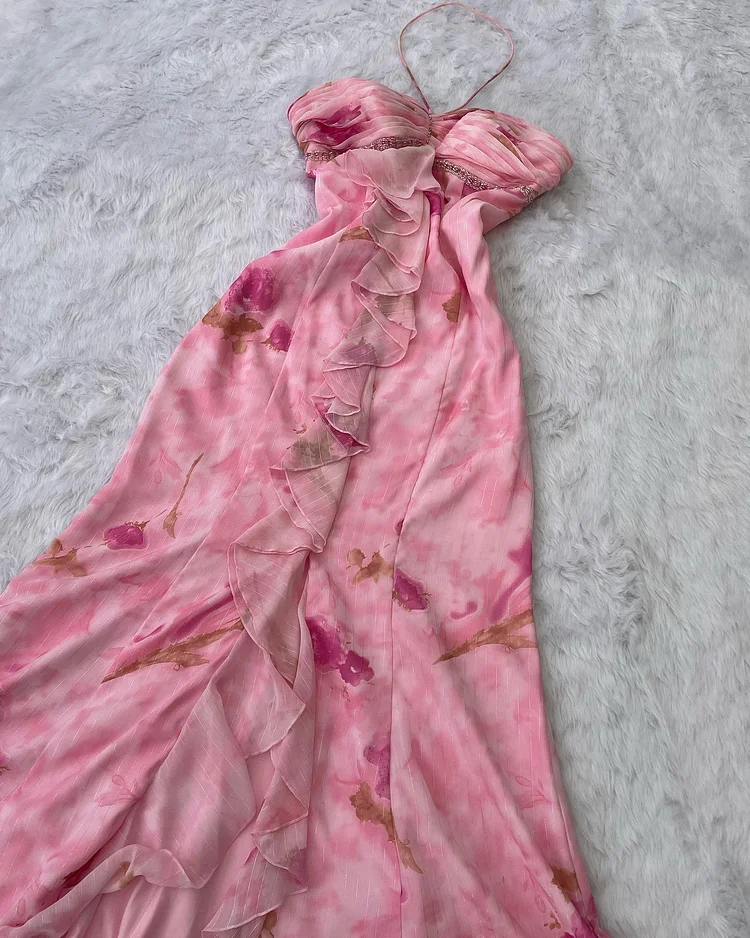 Vestido de noche rosa de gasa con estampado floral y volantes, corte halter, estilo sirena, modelo Y8306