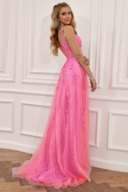 Vestido de fiesta azul marino corte A, encaje y tul, modelo Y382