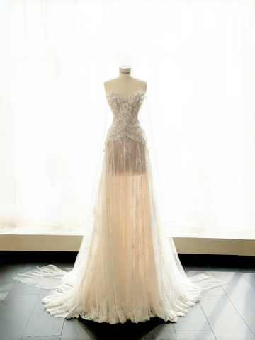 Pretty Strapless Tulle Lace Long A Line Wedding Dress,Formal Prom Evening Dress Y8686