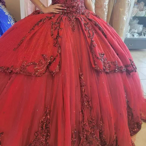 Robe de Quinceañera rouge ornée de sequins et de perles, décolleté cœur, robe de bal de princesse, modèle Y4257