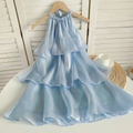 Robe de bal mini à volants en organza bleu simple, dos nu, Y8089