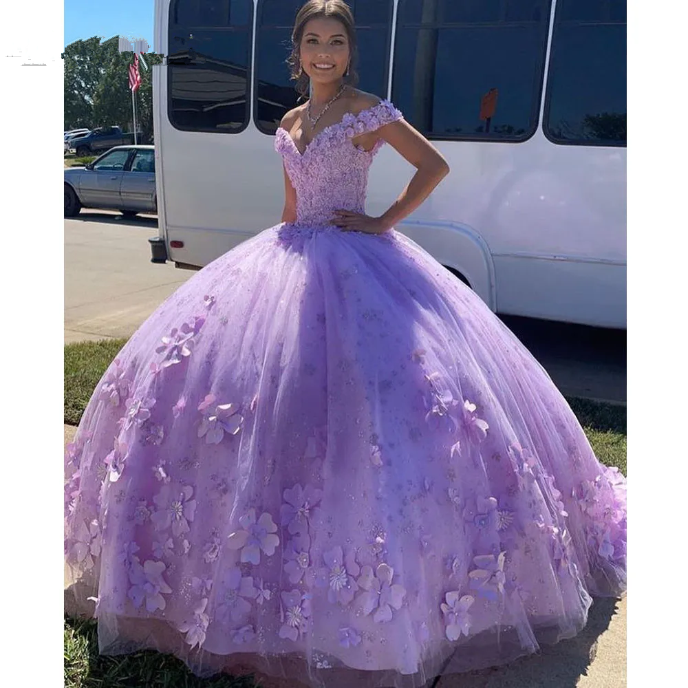 Vestido de gala de lujo color lavanda con hombros descubiertos, vestido para quinceañera, vestido de princesa Y7182