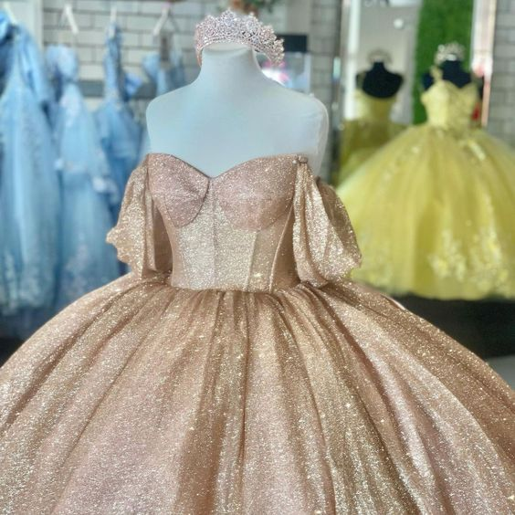 Vestido de quinceañera con brillo oro rosa, vestido de gala, vestido de 16 años Y693