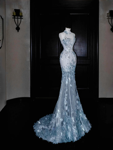 Vestido largo de noche de sirena con apliques de lentejuelas y tul azul ensueño Y8673