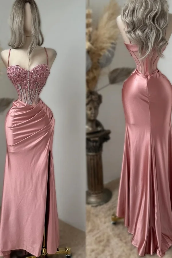 Robe de soirée sirène fendue, décolleté cœur, bretelles spaghetti et appliques perlées, modèle Y8056