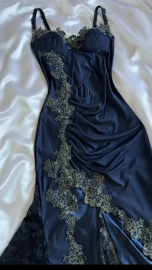 Vestido de noche sirena vintage azul marino con apliques de encaje satinado, estilo baile de graduación Y8497
