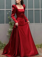 Robe de soirée élégante rouge en satin à col carré, coupe trapèze, Y7855