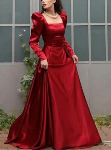 Elegante vestido de noche de satén rojo con escote cuadrado y corte en A Y7855