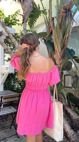 Vestido de fiesta rosa fucsia de corte A con mangas abullonadas, estilo veraniego Y2758