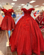 Vestido de gala rojo brillante con hombros descubiertos, estilo princesa, ideal para quinceañeras (modelo Y1211)
