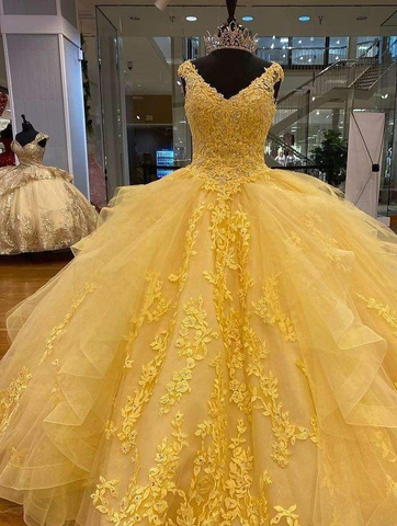 Vestido de quinceañera amarillo de corte A, tul y encaje, estilo baile, modelo Y4065